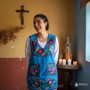 Blue Mexican Embroidered Cotton Apron –  Floral Design For Women 18x26 in SM